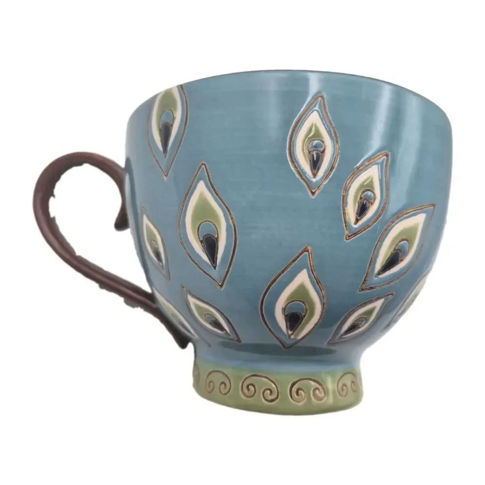 Pier 1 Handpainted Peacock Feathers Footed Mug 16oz Dolomite GORGEOUS